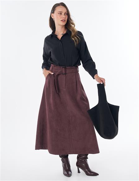Belt-Detail Suede Skirt – Cocoa Powder