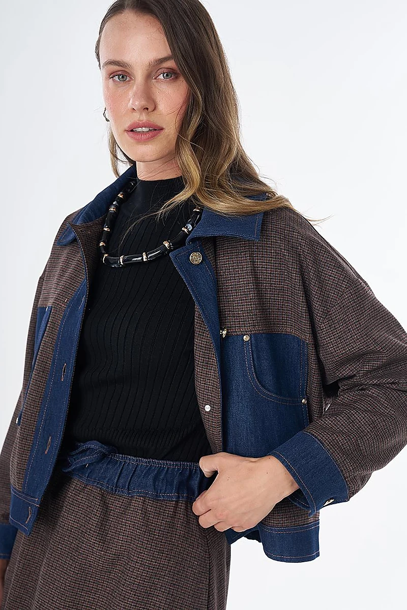 Denim Garnili Ekose Desen Ceket Kahve