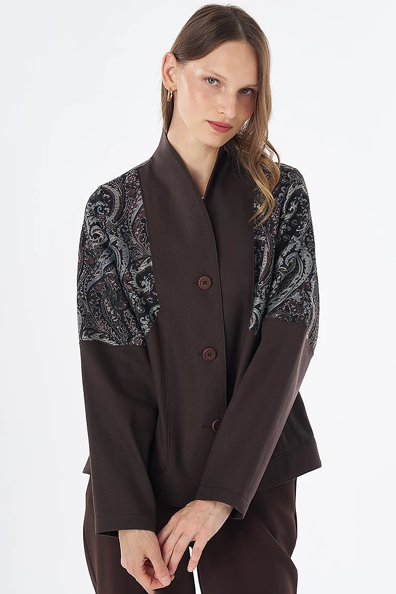 Fabric-Trim Buttoned Jacket – Dark Brown
