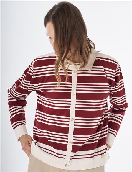 Striped Knit Blouse – White-Burgundy