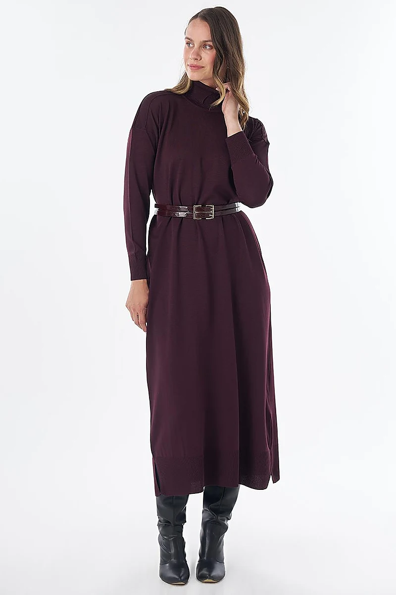 Turtleneck Knit Dress – Burgundy
