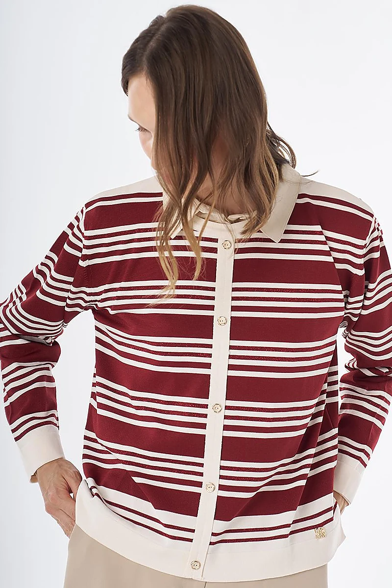 Striped Knit Blouse – White-Burgundy