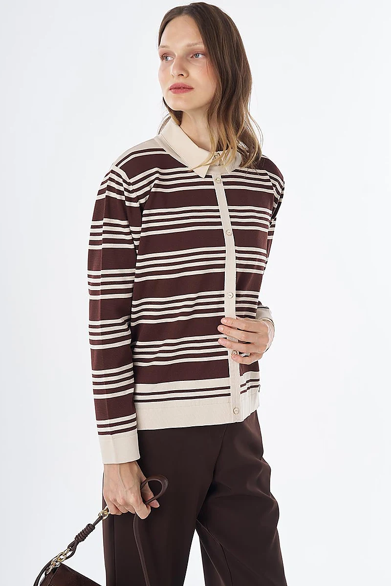 Striped Knit Blouse – Brown-Cream