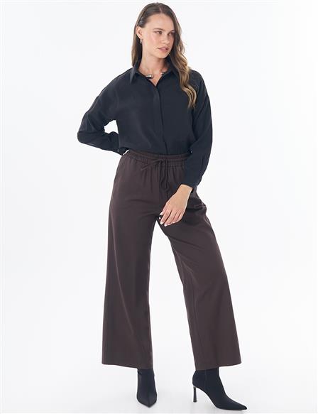 Elastic-Waist Wide-Leg Trousers – Dark Brown