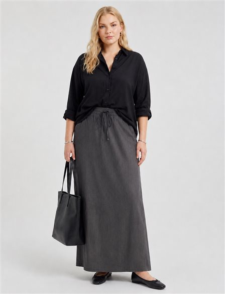 High-Waist Drawstring Denim Skirt – Black