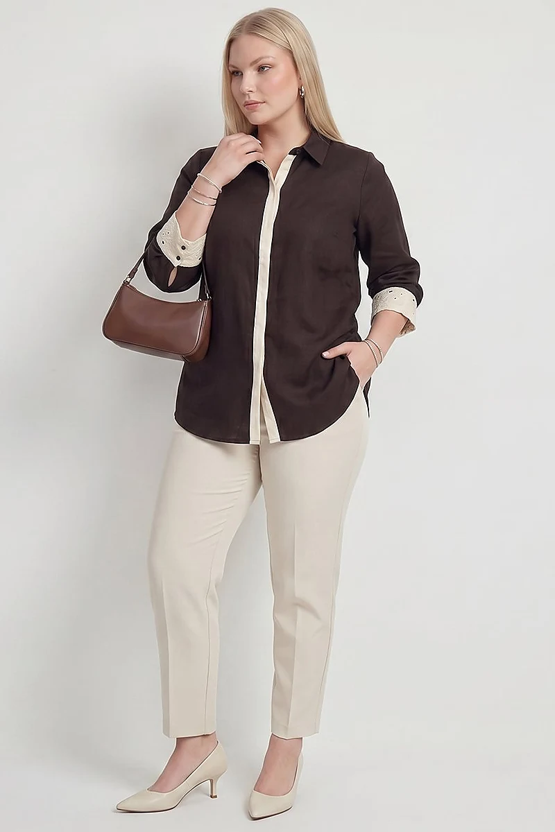 Embroidered Trim Lyocell Tunic Dark Brown