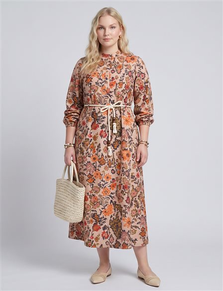 100% Cotton Patterned Band Collar Dress – Beige