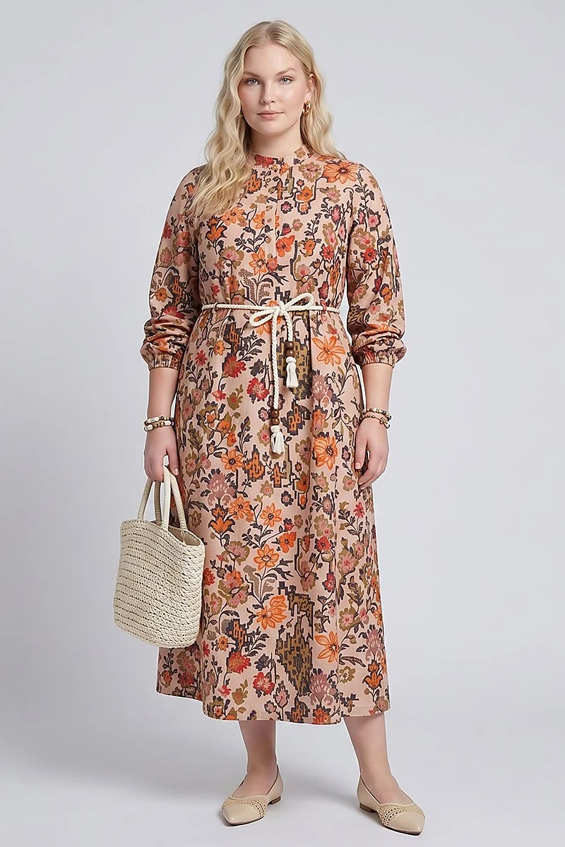 100% Cotton Patterned Band Collar Dress – Beige