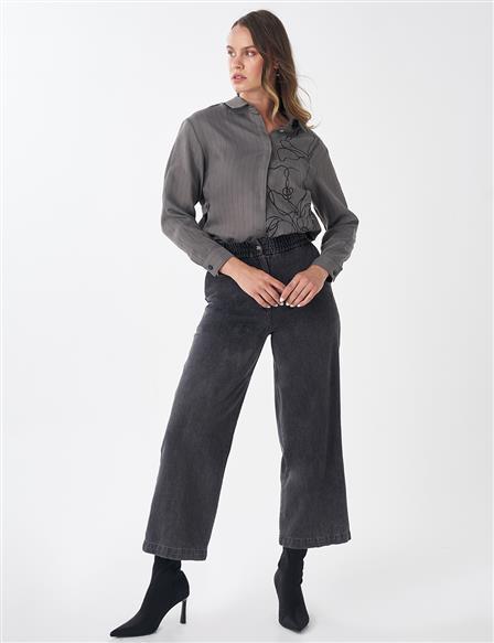 Elastic-Waist Denim Pants with Pockets in Black