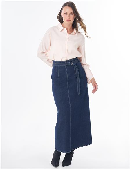 Belt-Detail Denim Skirt in Indigo