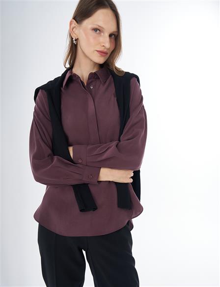 Half Placket Basic Blouse - Burgundy