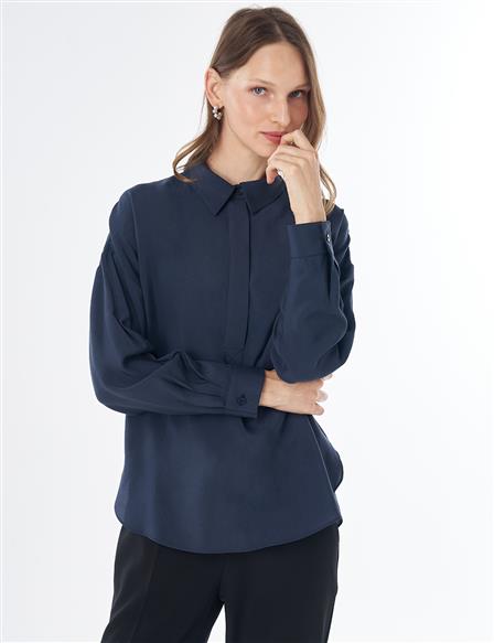 Half Placket Basic Blouse - Navy
