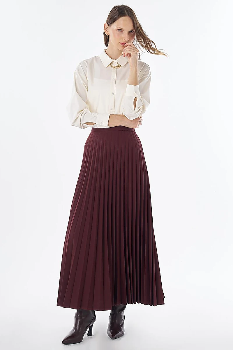 Basic Piliseli Etek Bordo