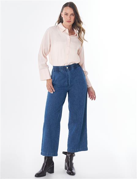 Elastic-Waist Denim Pants with Pockets in Blue