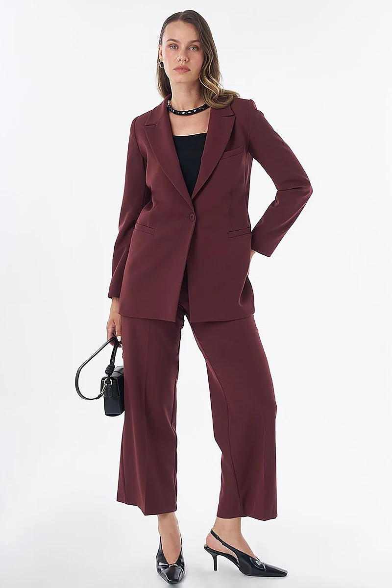 Single-Button Basic Blazer - Burgundy