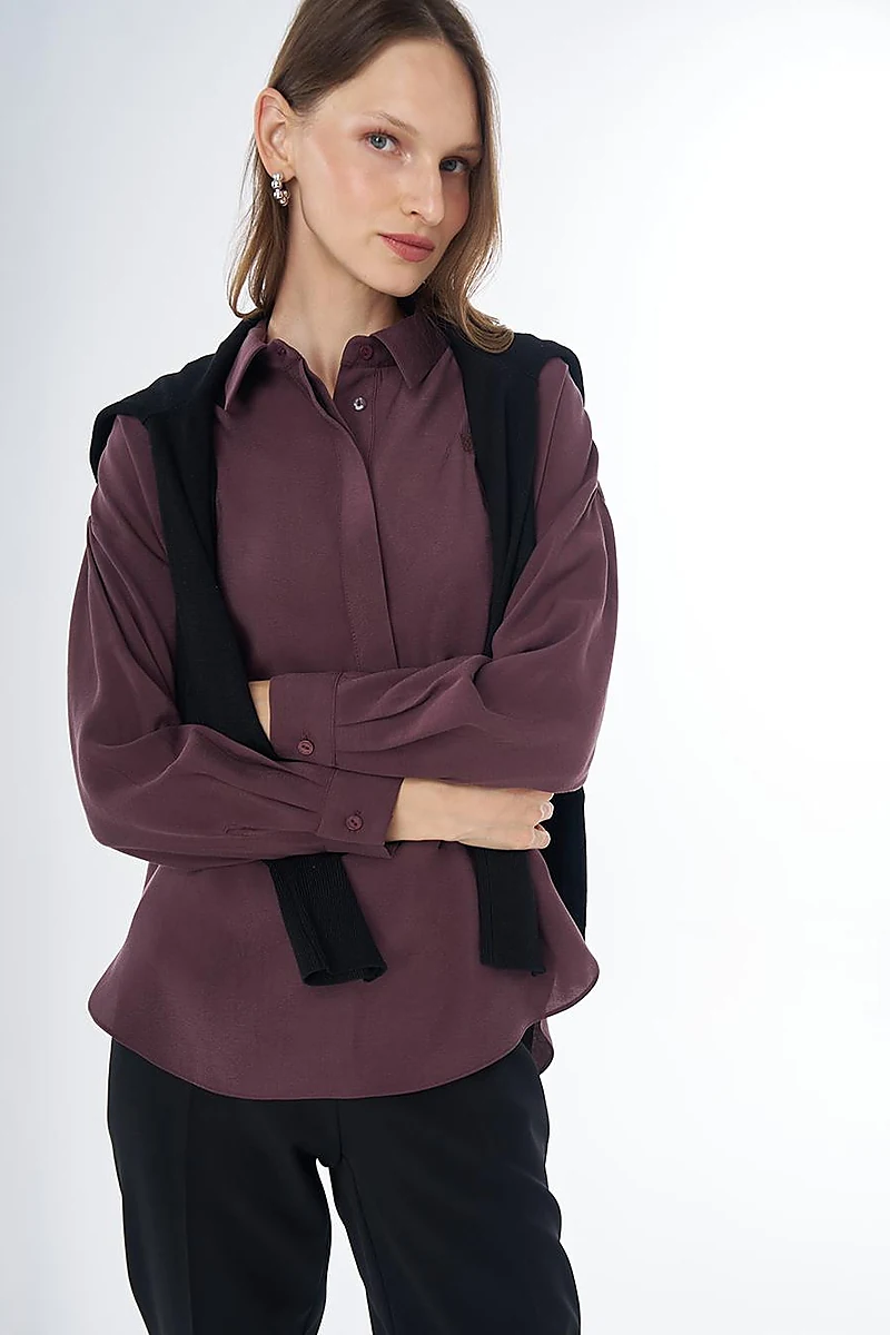 Half Placket Basic Blouse - Burgundy