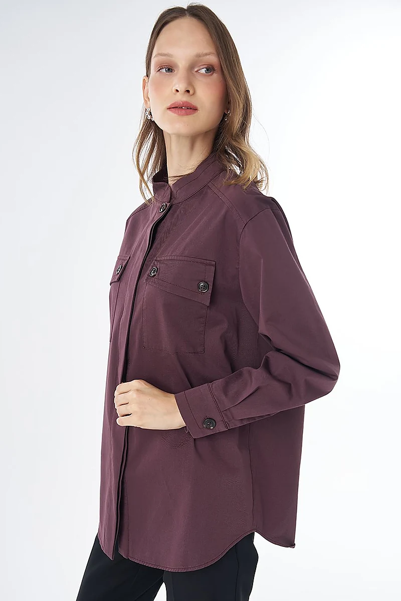 Band Collar Cotton Blouse Cocoa Powder