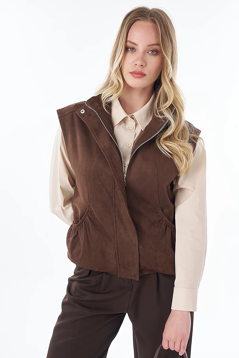 Stand Collar Suede Vest in Chocolate