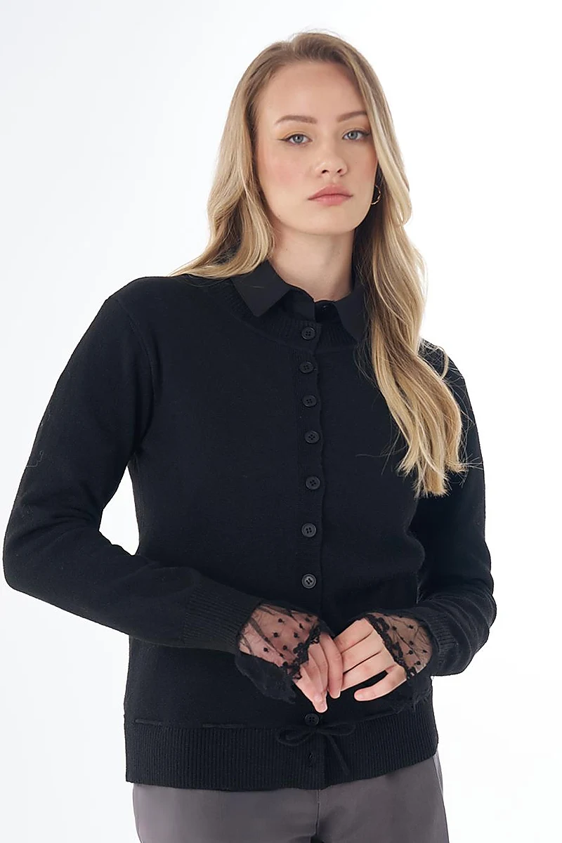 Lace-Trim Knit Cardigan in Black