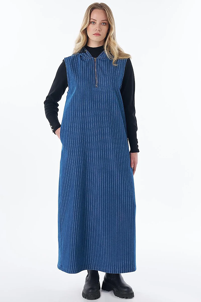 Zip-Front Striped Dress in Navy