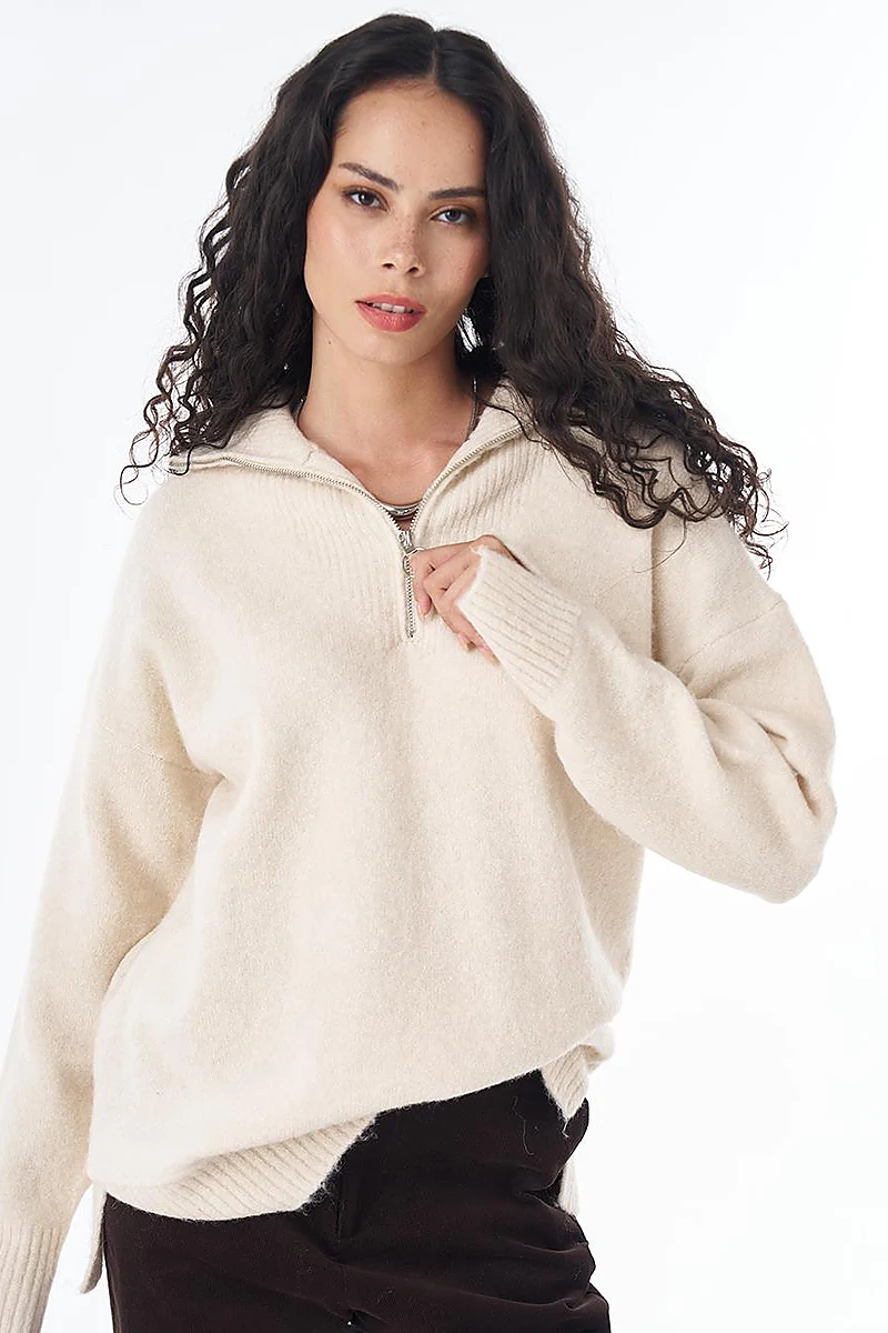 Zip-Neck Knit Sweater Cream