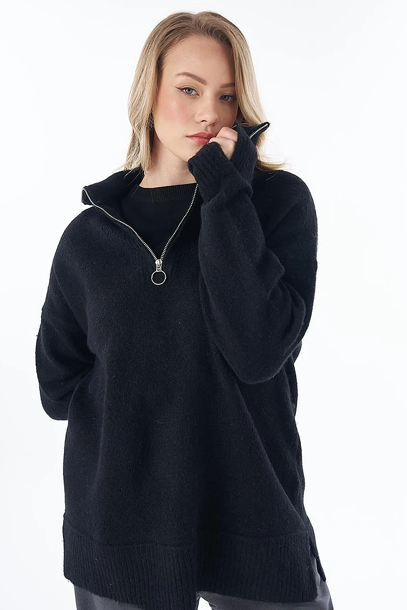 Zip-Neck Knit Sweater Black