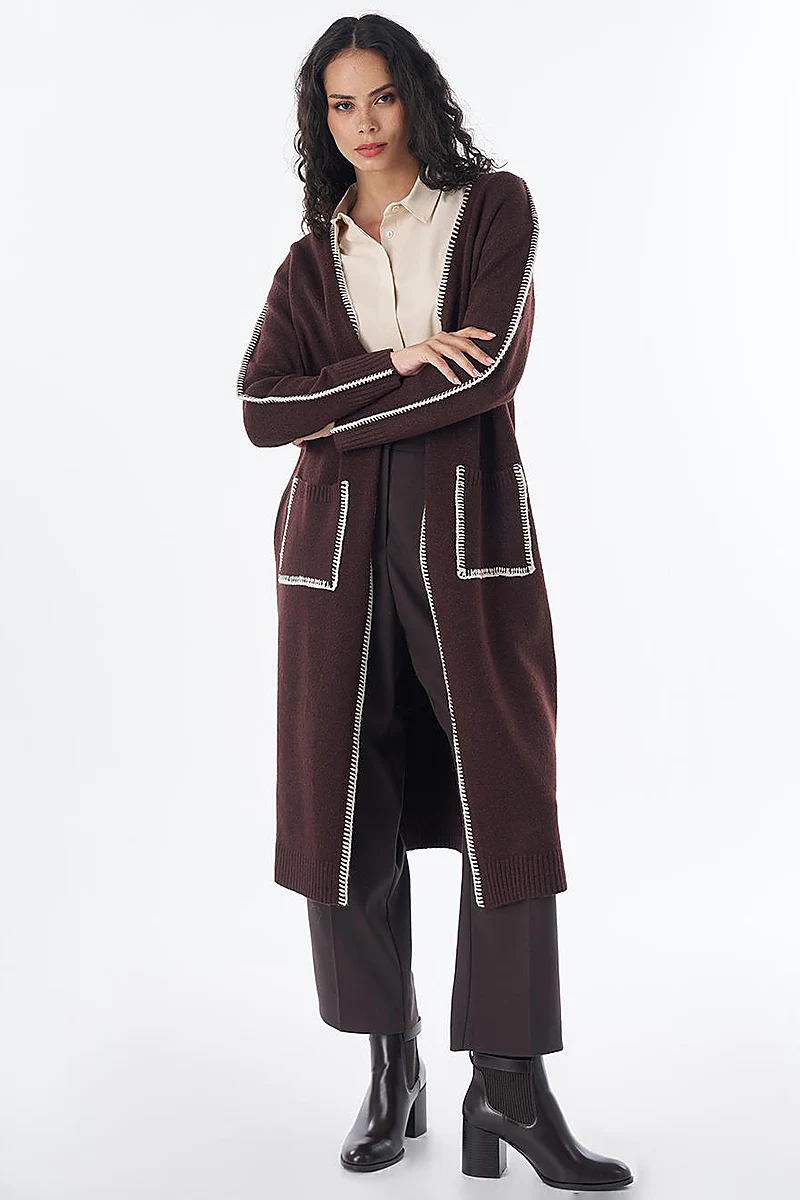 Contrast Stitch Knit Cardigan - Brown