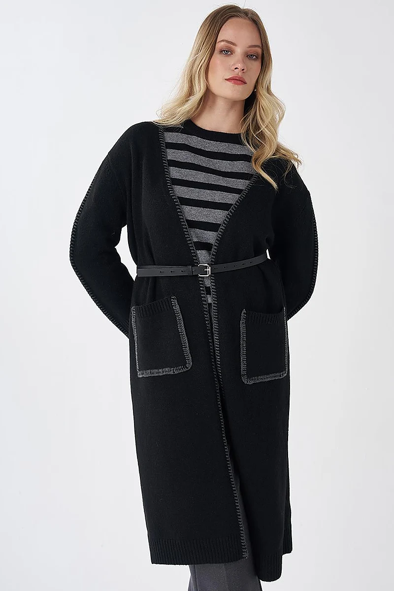 Contrast Stitch Knit Cardigan - Black