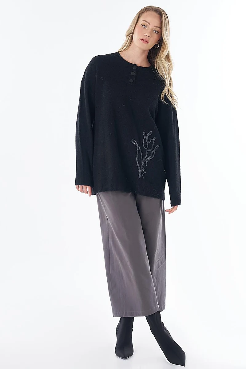 Tulip Embroidered Knit Tunic Black
