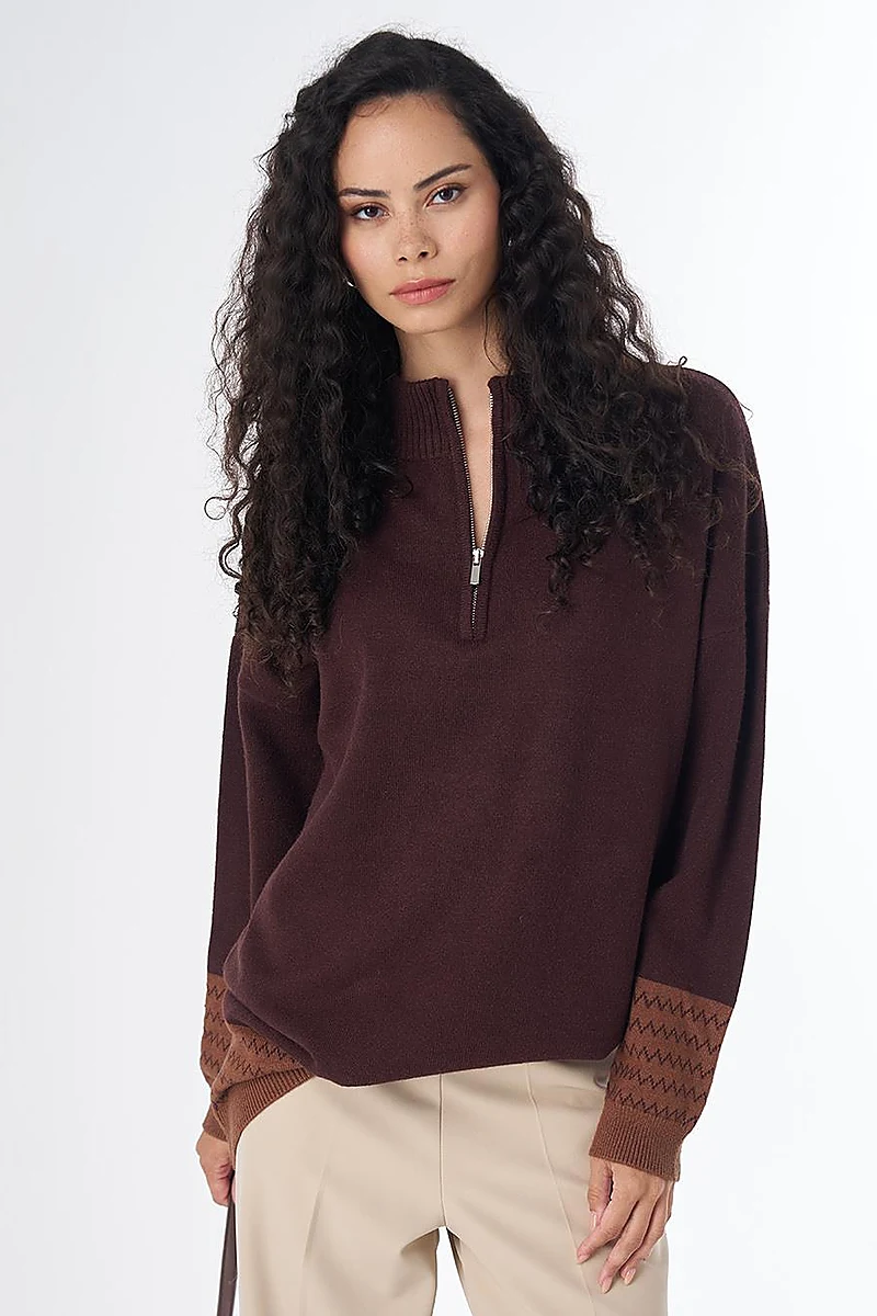 Zip-Neck Patterned Knit Tunic Brown