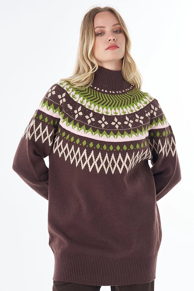 Mixed Pattern Knit Tunic Brown