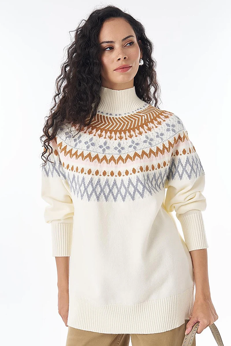 Mixed Pattern Knit Tunic Cream