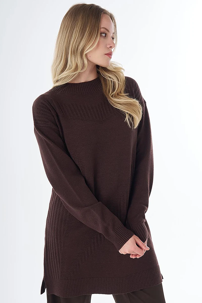 Patterned Cable Knit Tunic Brown