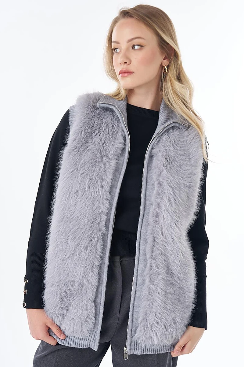 Stand Collar Faux Fur Detail Vest Grey 