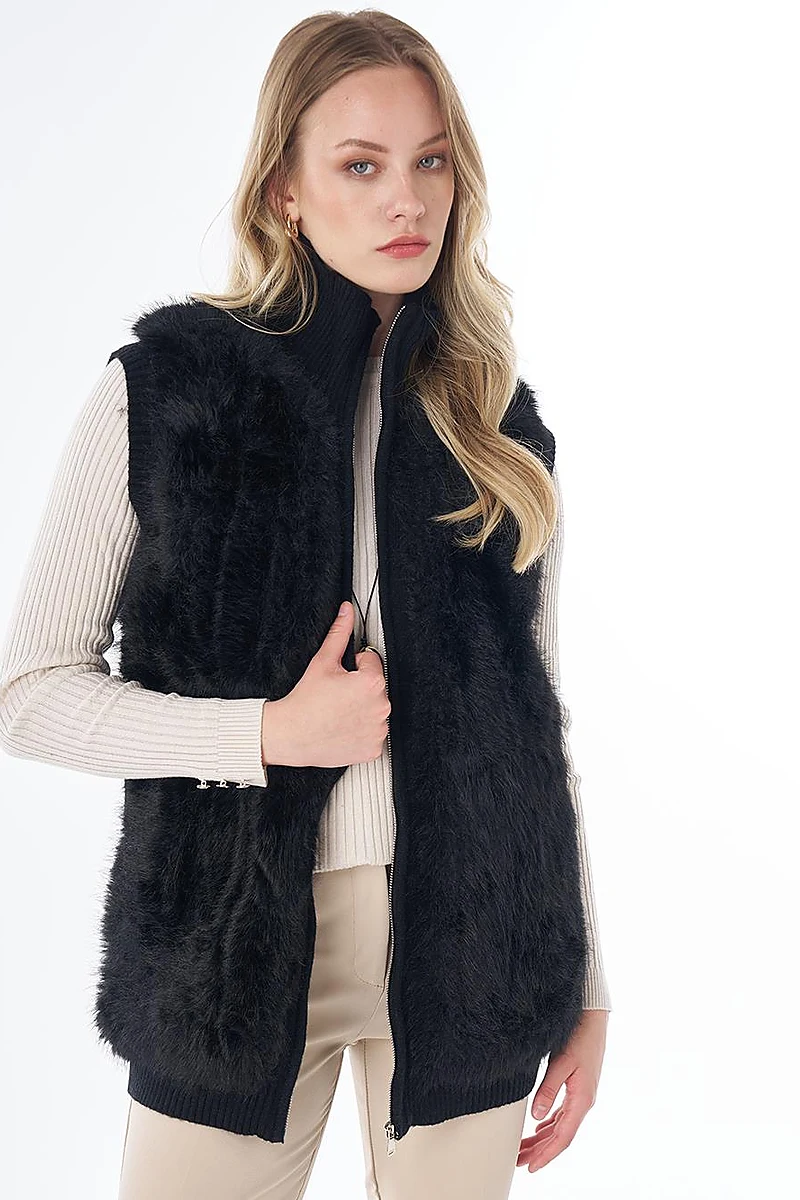 Stand Collar Faux Fur Detail Vest Black