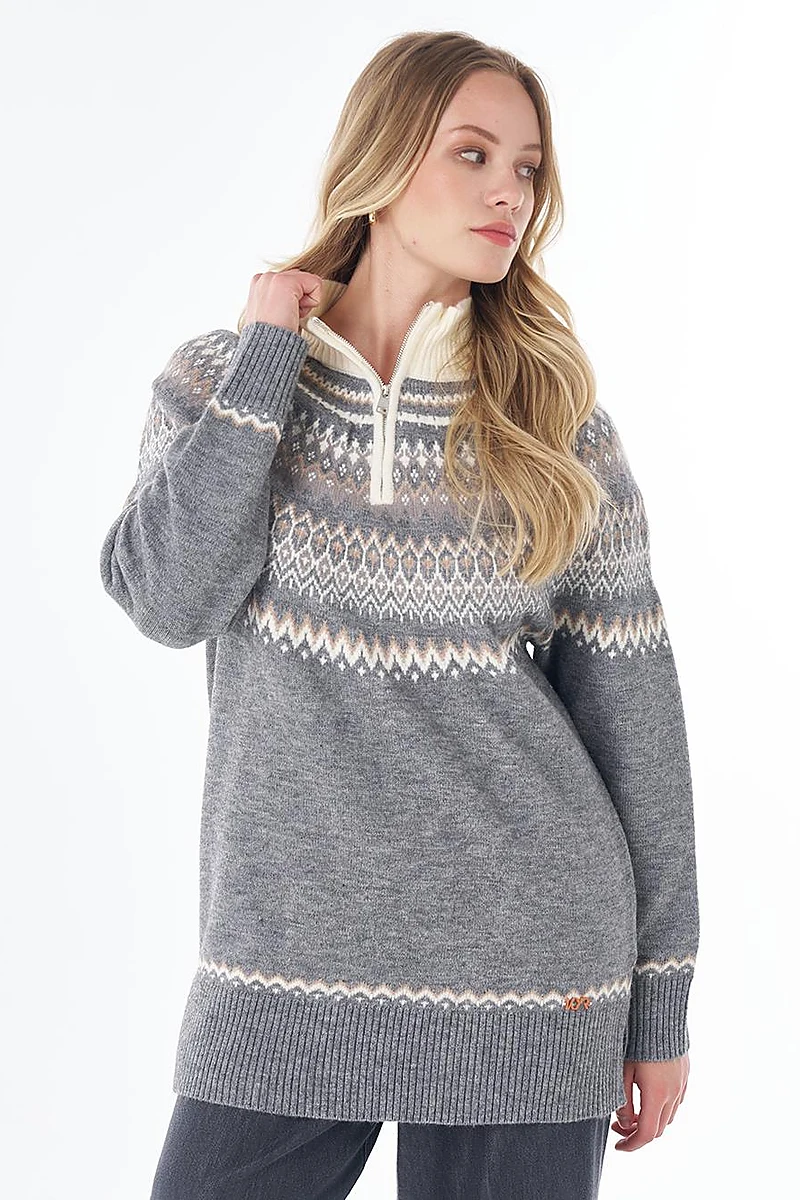 Zip-Neck Knit Tunic Gray