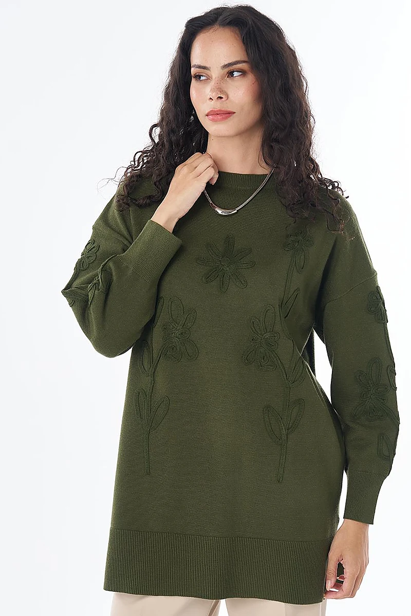 Nakış Aplikeli Triko Tunik Yeşil
