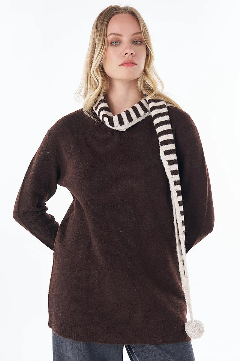 Scarf-Detail Knit Tunic Brown 