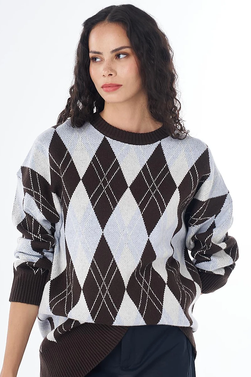 Diamond Pattern Knit Tunic Brown 