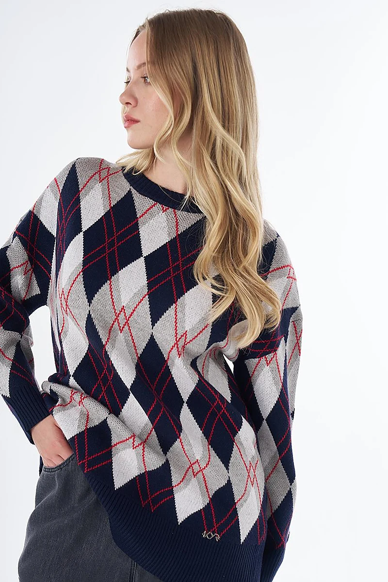 Diamond Pattern Knit Tunic Navy