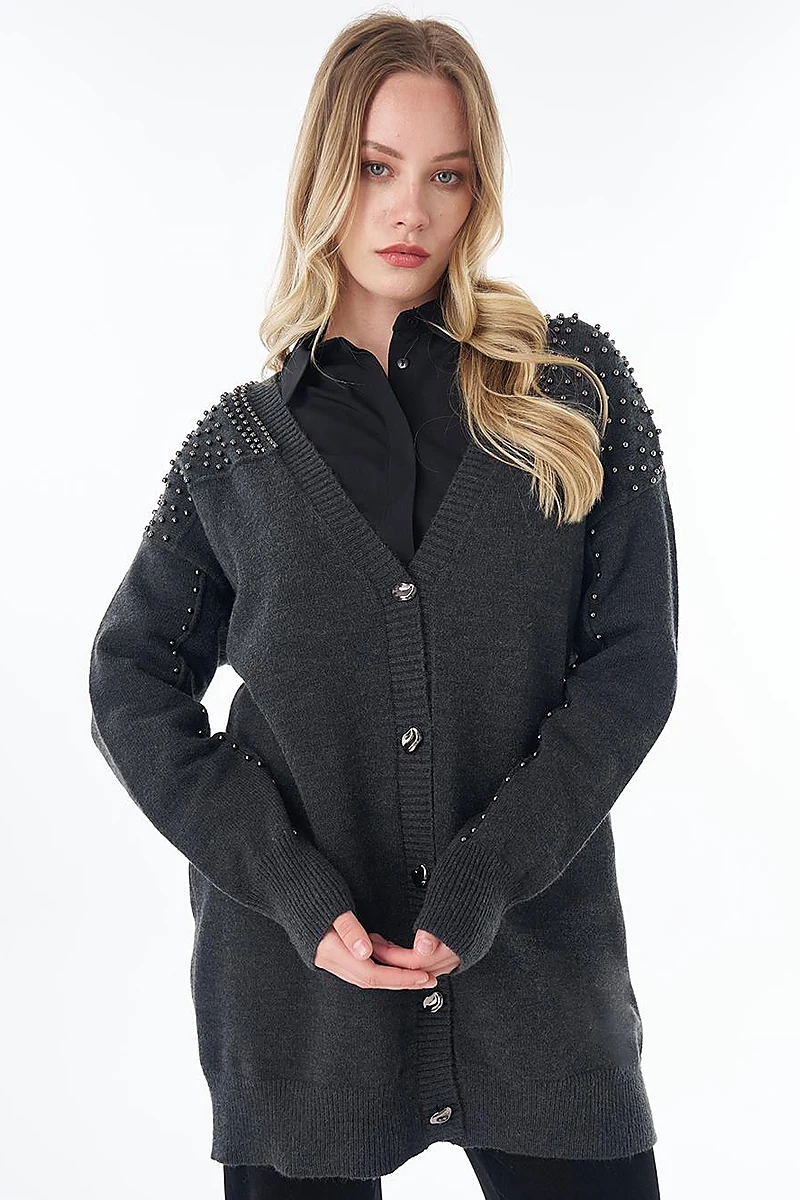 Embroidered Knit Cardigan Anthracite 