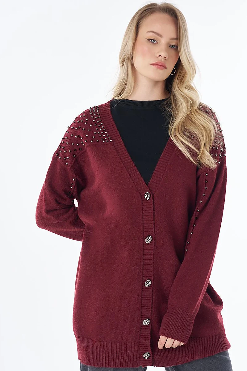 Embroidered Knit Cardigan Burgundy