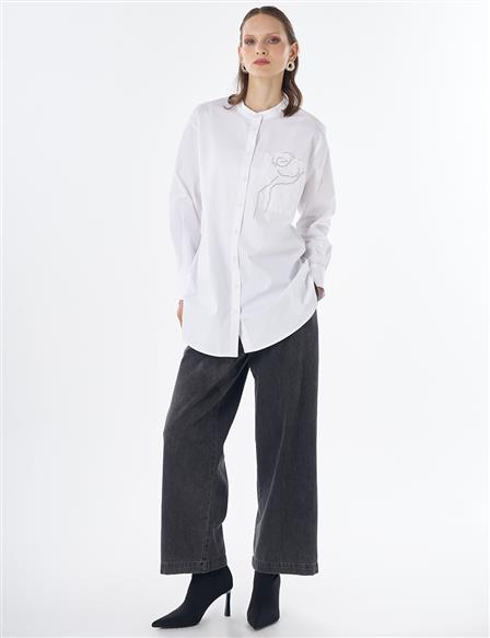 Band Collar Cotton Tunic Optical White