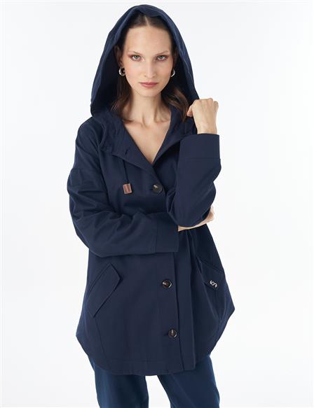 Hooded Cropped Trench Coat Dark Navy