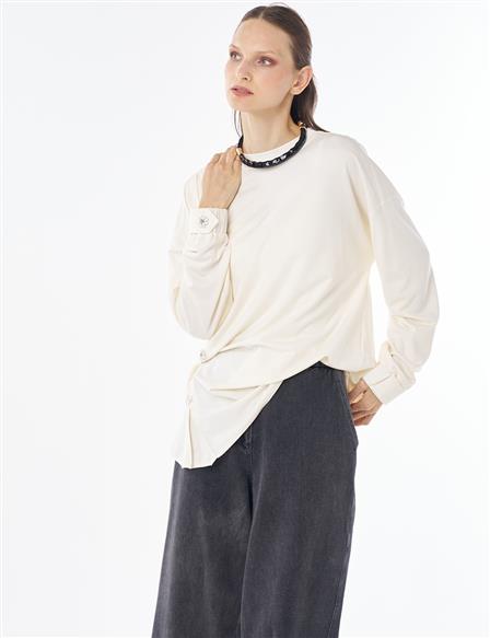 İşleme Detaylı Rayon Sweatshirt Ekru 