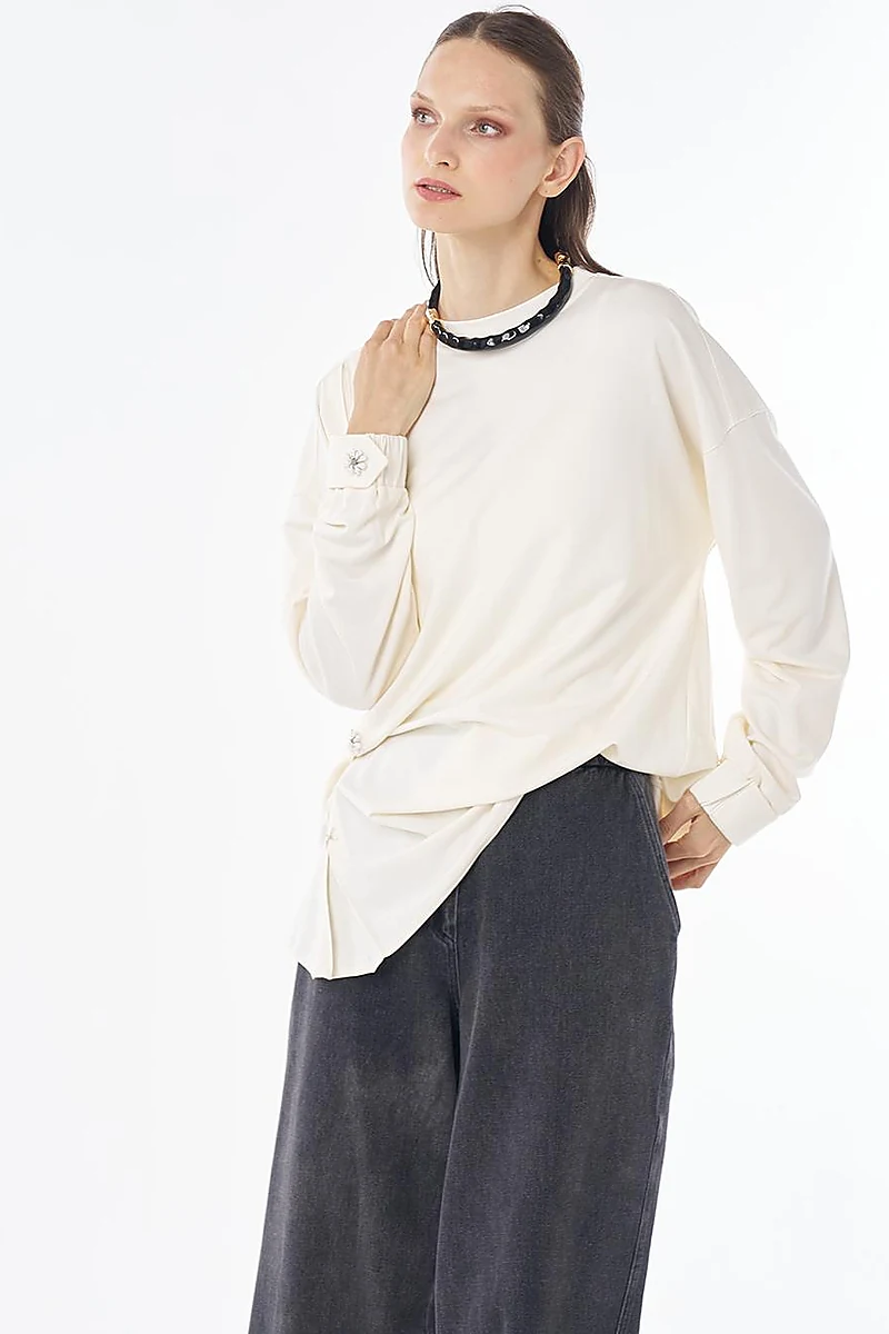 Embroidered Rayon Sweatshirt Ecru