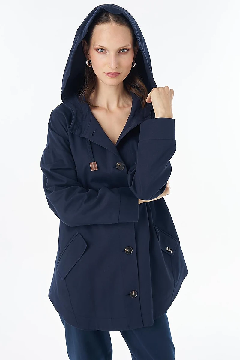 Hooded Cropped Trench Coat Dark Navy
