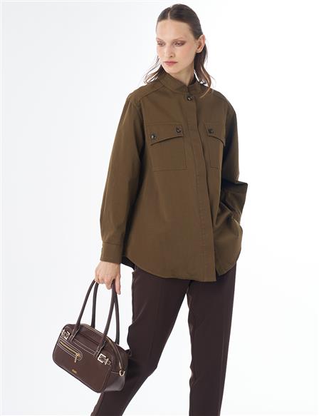 Band Collar Cotton Blouse Khaki