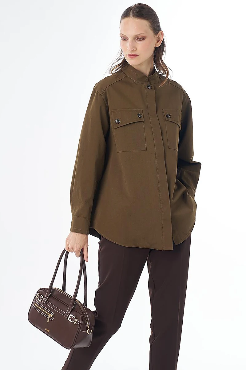 Band Collar Cotton Blouse Khaki