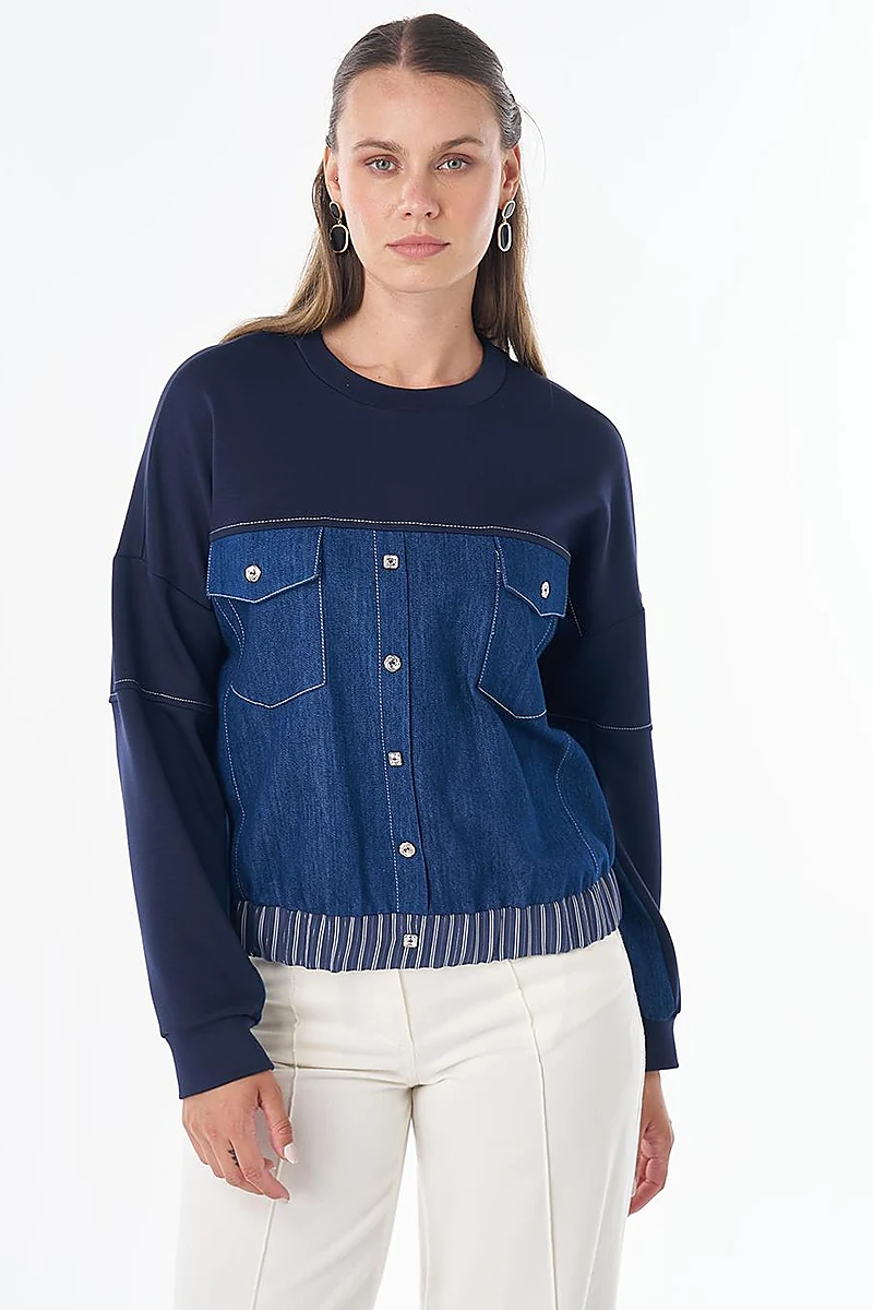 Denim-Trim Sweatshirt Dark Navy